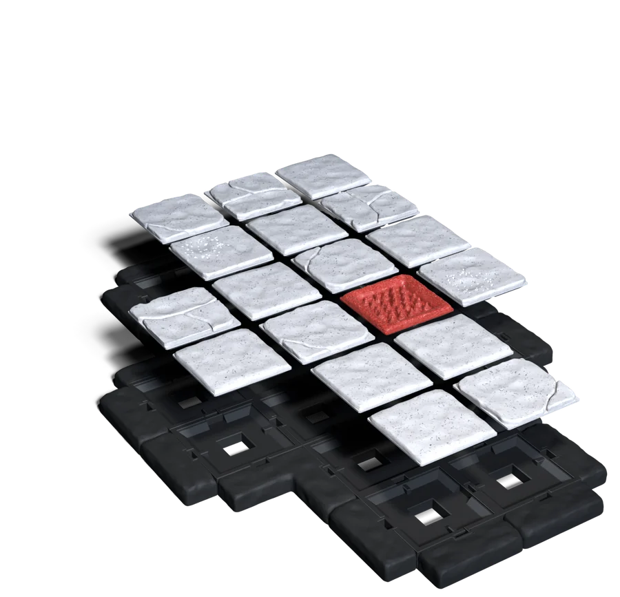 Floor pieces and a red pit trap hovering above the tile bases they seat into