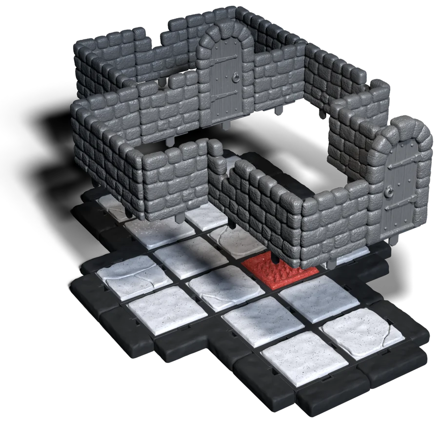Stone walls and arched doors hovering above the seams between the tiles