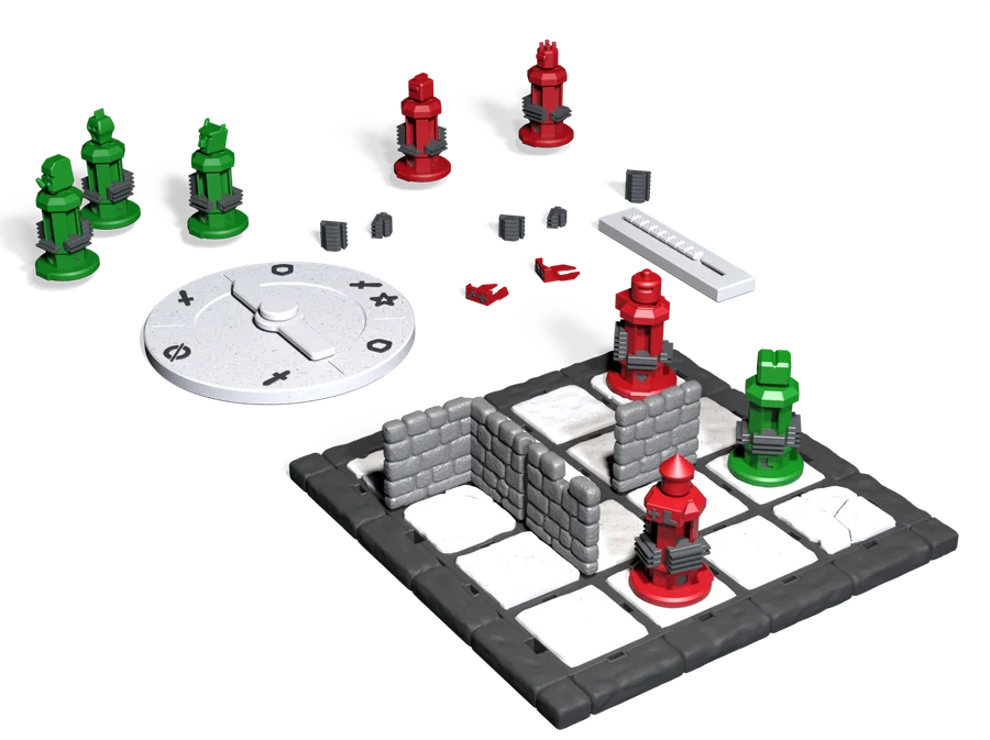 An Arena duel: two red heroes and a green monster on the four by four tile, with the four walls placed, two of them meeting at a corner, and stone sides around the board