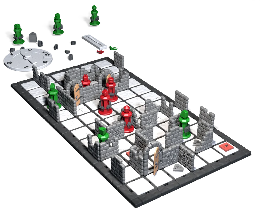 A Dungeon Dive game: four red heroes leaving the start tile through its walls and open doors towards a newly placed tile where three green monsters wait, with treasure and trap tokens lying on the cells and stone sides around the board