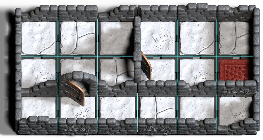 The same dungeon built from tiles, seen from above with the map's grid drawn over the floors