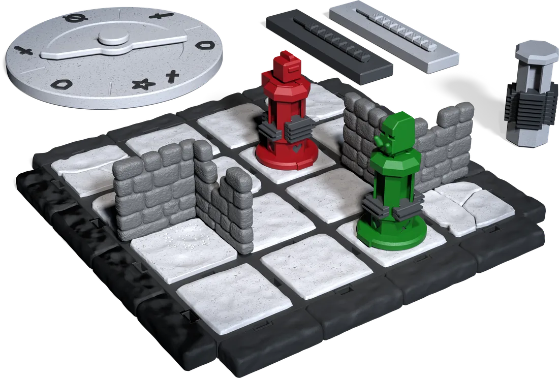The Dynamod Last Stand set: board tiles, spinner, walls, a door and the red hero and green monster figurines