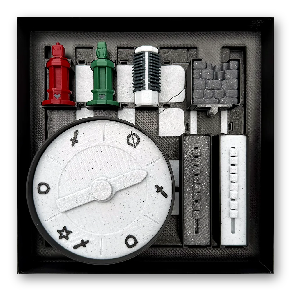 The open box with the spinner, hero and monster figurines, walls and trackers in their tray