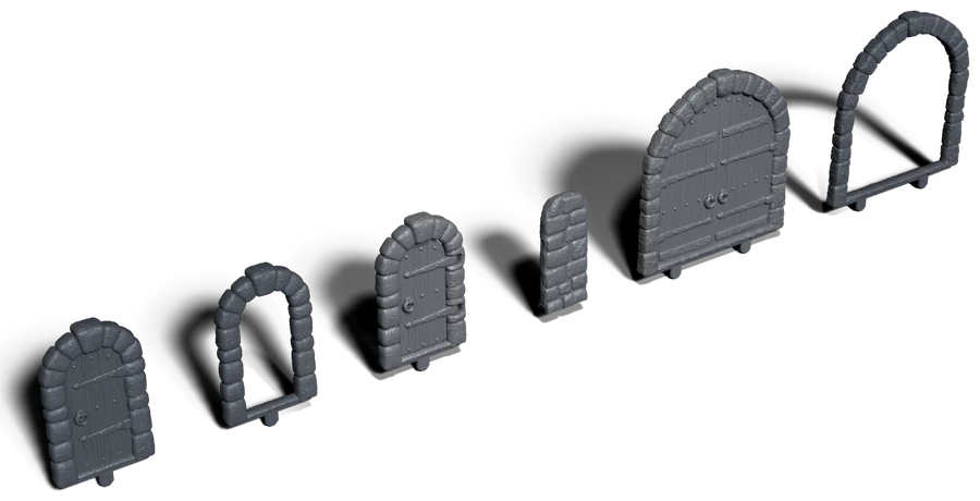 Arched stone doors: closed, open, blocked and double