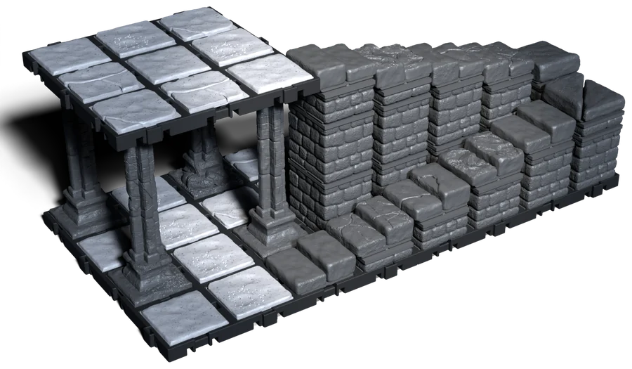 A stone staircase climbing round a corner to a platform of tiles carried on pillars