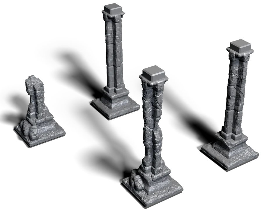 Four stone pillars, one of them broken off