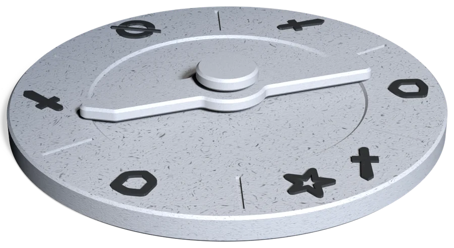 The printed Dynamod spinner disc with its symbols and pointer