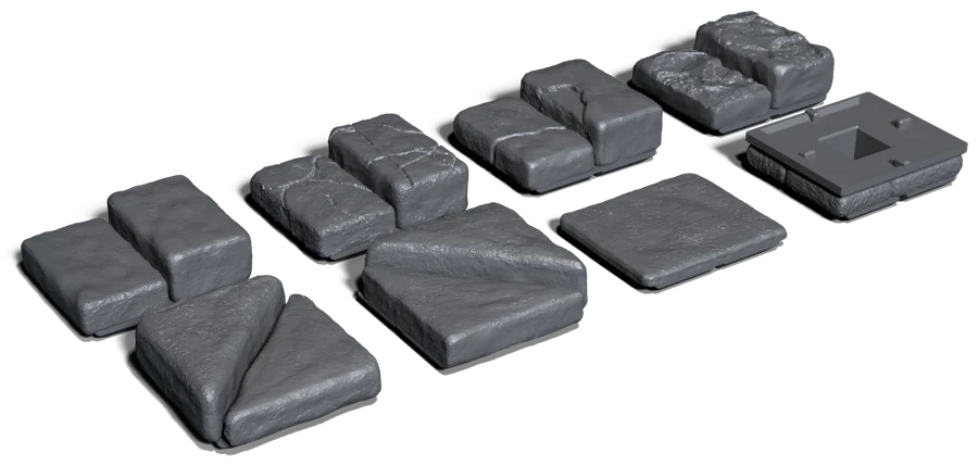 Four straight stair pieces, a left and a right corner, a landing and a spacer