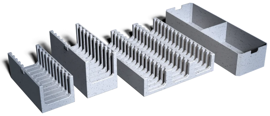 Four open storage boxes with slots for walls, doors and floors