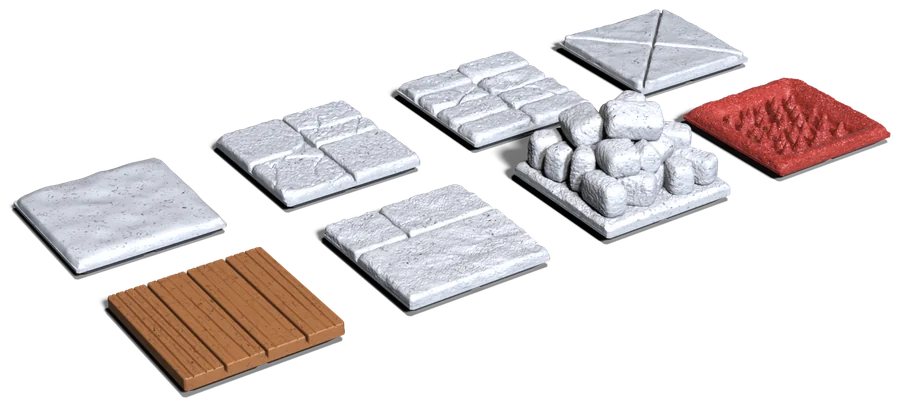 Floor pieces in six styles, a pile of rubble and a red pit trap