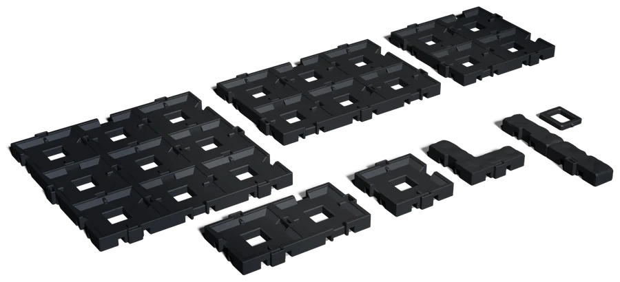Dynamod tile bases in several sizes with a corner, an edge and a clip