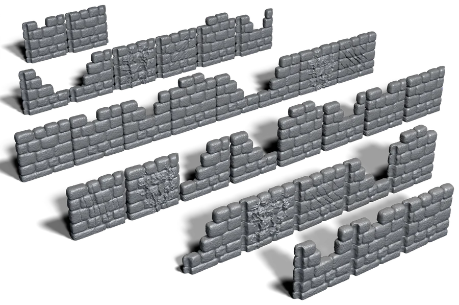 Rows of stone wall pieces with varied broken tops