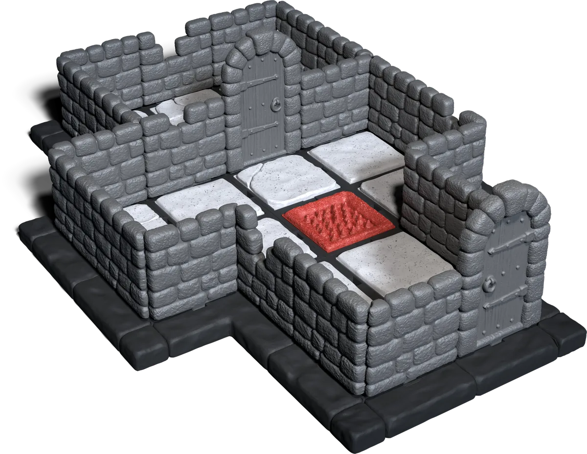 A rendered Dynamod room with stone walls, an arched door and tiled floor